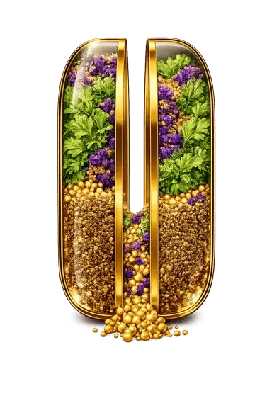 Open Axavive capsule with herbal extracts pouring out